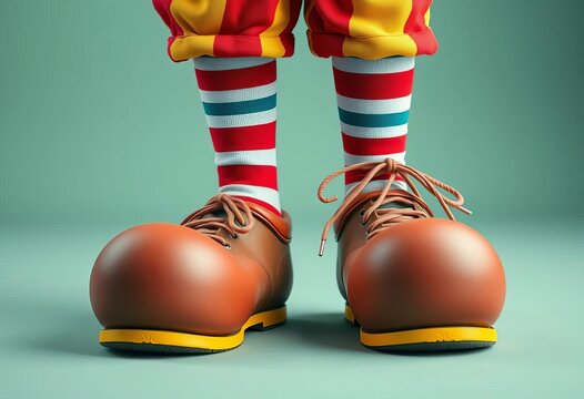 Clown's oversized shoes and striped socks, whimsical detail, lighthearted fun,  festive,  silly