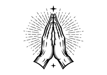 A black and white illustration of praying hands with radiating lines and stars.