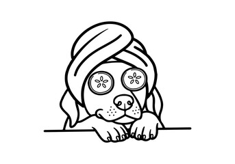 A cute dog wearing a towel on its head and cucumber slices on its eyes, looking relaxed and pampered.