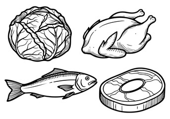 A black and white illustration featuring a whole cabbage, a raw chicken, a whole fish, and a raw steak.