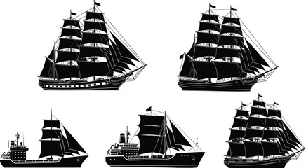 Detailed Black Silhouette Set of Five Historical Sailing Ships, Including Galleon and Clipper Style Vessels, Displaying Full Sails on the Sea. © Parimal