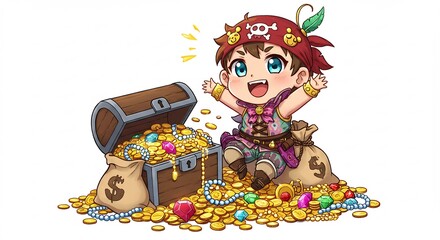輝く財宝の山で満面の笑みを見せる可愛い海賊少年イラスト金貨宝石が眩く輝く宝箱. AI Generated