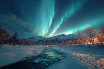 Stunning aurora borealis illuminates a snowy landscape with a frozen river and snow-covered trees
