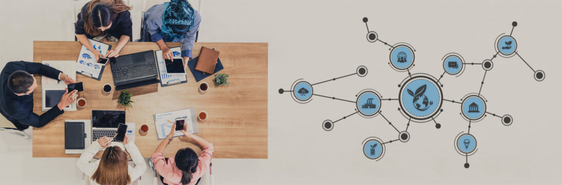 A diverse team collaborates at a modern workspace using smart devices and technology. The scene showcases innovative visuals, fostering discussion and idea sharing. Tessel