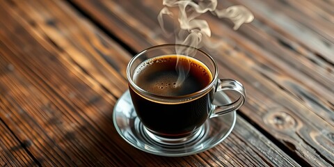 Fototapeta premium Steaming cup of dark roast coffee on rustic wooden table, French press, aroma