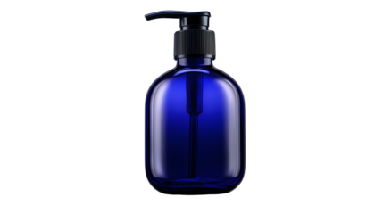 Dark blue cobalt glass bottle with black pump dispenser on white background for soap, lotion, or perfume packaging