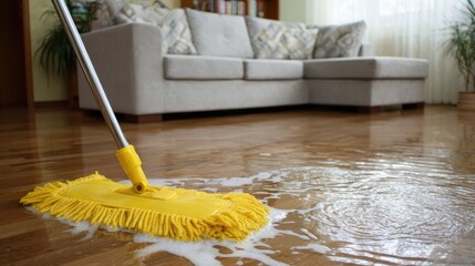 Mop cleaning a flooded wooden floor in a living room with a sectional sofa