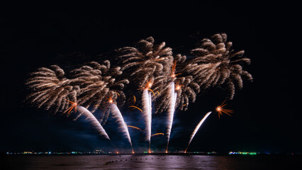 Amazing beautiful colorful firework display over sea on celebration night. Fireworks show for happy new year	