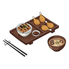 Japanese Fried Chicken and Rice Bowl Set, Isometric Food Illustration