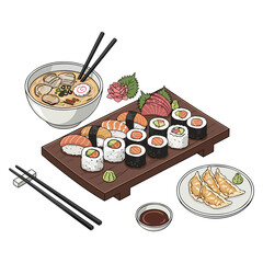 Sushi and Ramen Traditional Japanese Meal Set, Isometric View