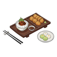 Japanese Curry Rice and Croquettes Meal Set, Isometric Food Illustration
