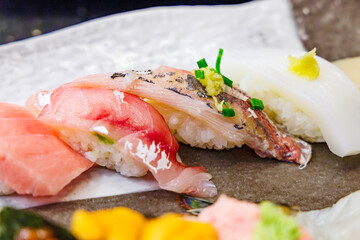瑞々しく美味しそうな寿司の盛り合わせ