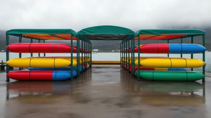 Rows of colorful kayaks neatly stored under outdoor shelters near the water ready for recreational use