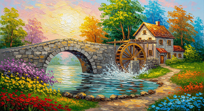 3D relief wallpaper with Stone bridge, watermill and blooming riverbank for mural wall art, canvas print, wall decor painting design
