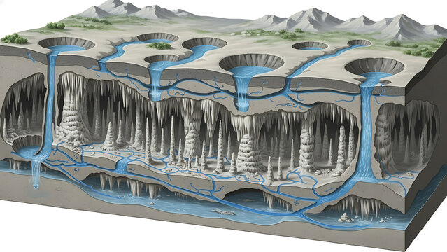 Cutaway View Karst Landscape Cave Formation and Underground Rivers
