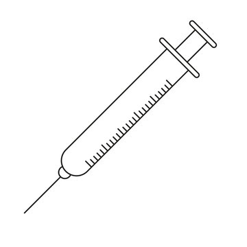 Syringe vector line icon. A simple black and white injection syringe line drawing with needle and measurement Barrel.eps