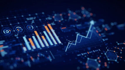 Stunning digital HUD interface displays dynamic financial data analysis and futuristic technology concepts glowing blue