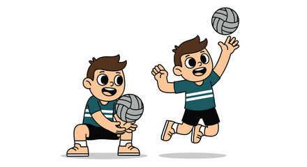 Fototapeta premium Two cartoon boys playing volleyball, one jumping and serving while the other prepares to receive, against a clean white background with a playful mood.