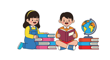 Two happy children sitting on the floor reading books with a globe and stacks of colorful books around them against a clean white background.