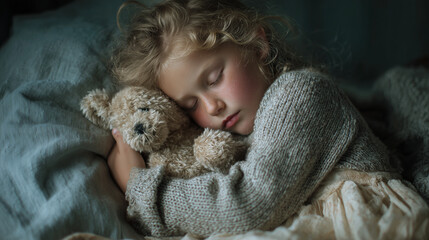 sleeping child with teddy bear, cozy bedtime childhood moment, peaceful child sleeping portrait
