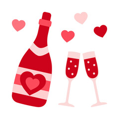 A bottle of champagne and a pair of champagne glasses with a heart isolated on a white background, vector icon. Valentine's Day and wedding concept.