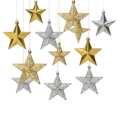 Obraz premium Christmas Star Ornaments in Gold and Silver Hanging on Black Background