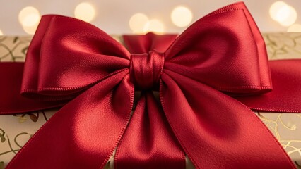 Close up of red satin bow on beige gift box, elegant holiday present detail

