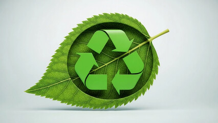 Obraz premium Green recycling symbol inside a realistic textured leaf on a light background nature