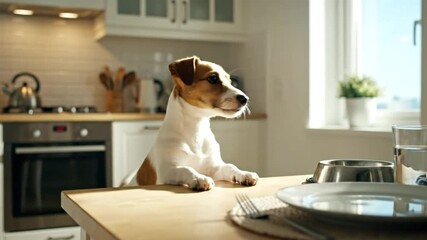 Cute Jack Russell Terrier puppy waiting patiently at kitchen table with open mouth ready for a meal