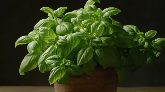 Fresh green potted basil plant rotating