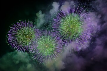 Bright green and violet fireworks shooting upwards, exploding into dazzling circular patterns, leaving glowing smoke trails