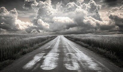 Wet rural road cutting between tall grass fields toward a dramatic bank of storm clouds, moody and foreboding atmosphere