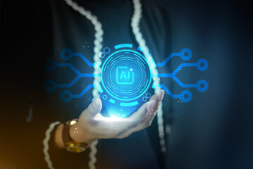 Hand holding glowing AI core icon with circuit board background