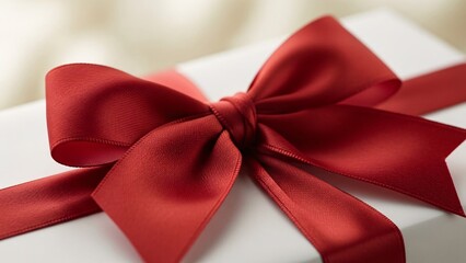Close up of red satin bow on beige gift box, elegant holiday present detail

