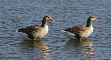 Obraz premium Two grey geese with orange beaks float side by side in rippled water under clear sunlight
