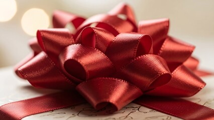 Close up of red satin bow on beige gift box, elegant holiday present detail

