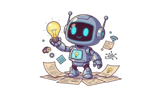 Robot Holding Light Bulb with WiFi and Data Symbols Around