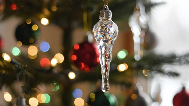 Faceted Glass Icicle Ornament Hanging on Decorated Christmas Tree with Bokeh Lights - Festive Holiday Decor
