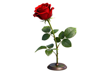 Obraz premium Red Rose with Green Leaves in Bronze Vase