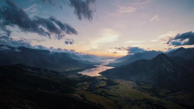 Breathtaking view of a serene sunrise illuminating a tranquil mountain valley. majestic peaks surround a reflective lake, while vibrant clouds add drama to the expansive sky, creating a peaceful, awe-