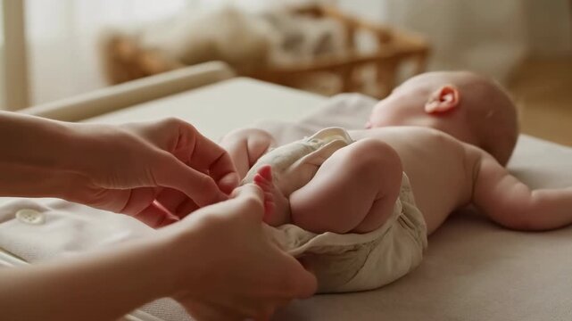 Mother changing reusable cloth diaper on newborn baby