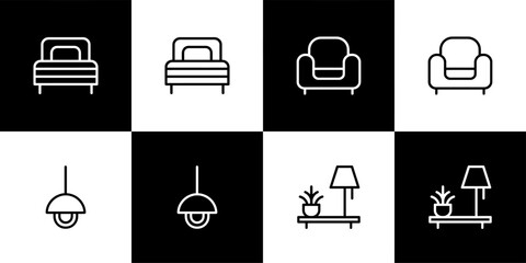 Vector Set of 4 Black and White Furniture and Interior Icons (Bed, Armchair, Lamp, Nightstand)