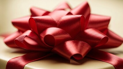 Close up of red satin bow on beige gift box, elegant holiday present detail

