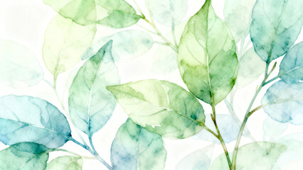 Overlapping Watercolor Leaves Texture on White Background ,Fresh Aqua and Lime Green Leaf Border / Background ,Abstract Green and Teal Watercolor Foliage