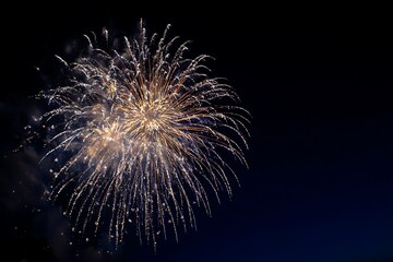 Golden and silver fireworks exploding high in the sky, creating cascading trails of shimmering light against a deep midnight blue background