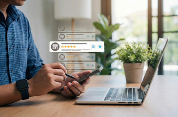 Customer rating and online review management for local business shown on smartphone and laptop with star ratings, feedback icons, and digital marketing concept for SEO visibility and reputation growth