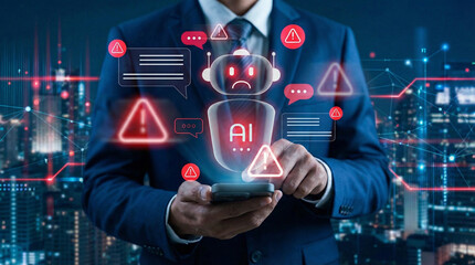 AI chatbot system alert in digital communication environment showing error, warning, and cybersecurity risk icons, highlighting potential data breach and smart automation failure in modern networks