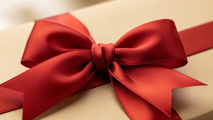 Close up of red satin bow on beige gift box, elegant holiday present detail

