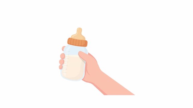 2D flat vector motion of hand holding baby milk bottle, parenting illustration, alpha channel, transparent background.
