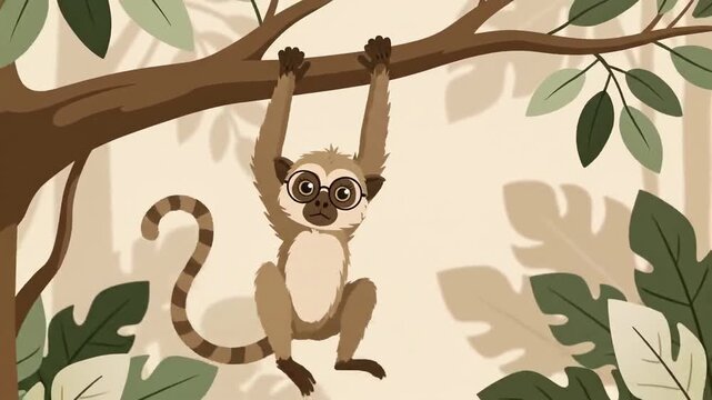 Animated Monkey Wearing Glasses Swings On A Tree Branch In A Forest Setting